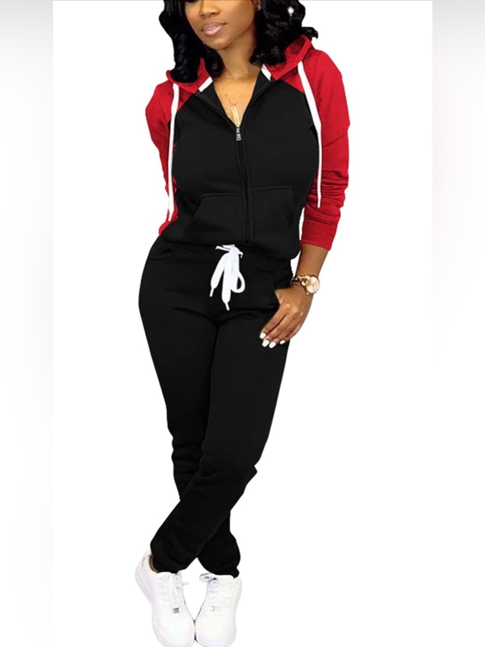 Amazon Two-Tone Black and Red Hooded Zip Jumpsuit